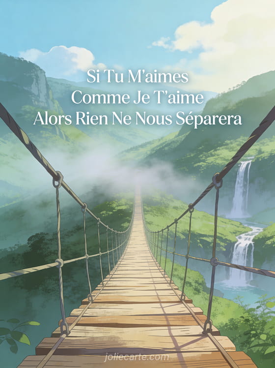 Pont suspendu en bois traversant une vallée verdoyante avec cascades et brume avec texte poétique d'amour