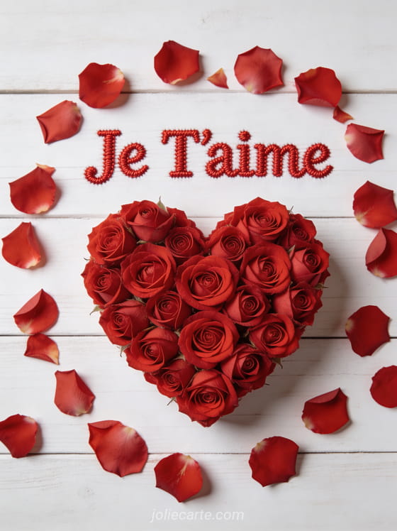 Cœur en roses rouges fraîches vu de dessus sur bois blanc avec pétales éparpillés et texte rouge Je T'aime