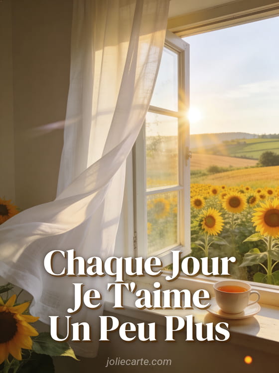 Fenêtre ouverte sur un champ de tournesols avec rideaux blancs et tasse de thé et texte Chaque Jour Je T'aime Un Peu Plus