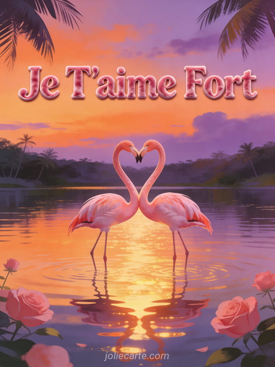 Deux flamants roses formant un cœur avec leurs cous dans un lac au crépuscule orange et violet avec texte Je T'aime Fort