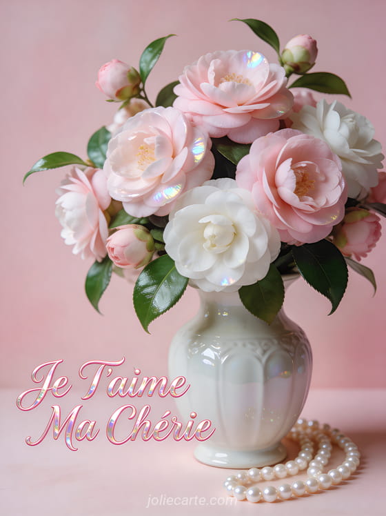 Bouquet de camélias roses et blancs dans un vase en porcelaine avec perles sur fond rose poudré et texte Je T'aime Ma Chérie