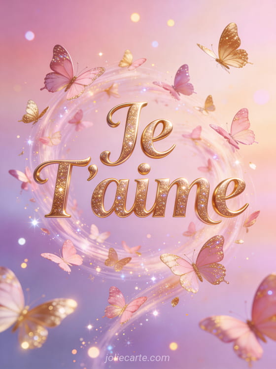 Dizaines de papillons roses et dorés formant un tourbillon autour du texte scintillant Je T'aime sur fond pastel