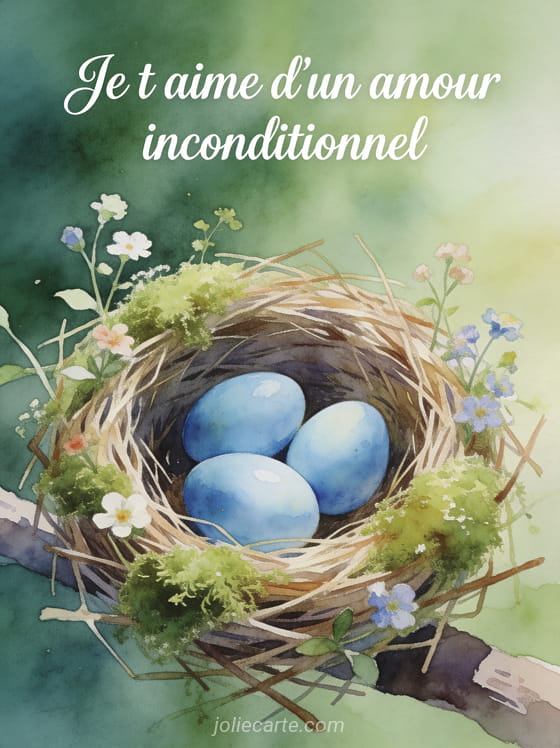 Nid d'oiseau avec trois œufs bleus entouré de mousse et fleurs sauvages en aquarelle avec texte d'amour inconditionnel