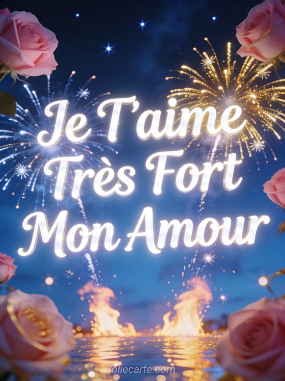 Feux d'artifice roses et dorés explosant dans un ciel nocturne bleu nuit avec texte lumineux Je T'aime Très Fort Mon Amour