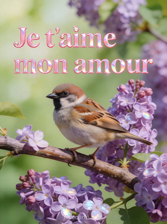 Moineau posé sur une branche de lilas mauve en fleurs avec texte rose Je T'aime Mon Amour