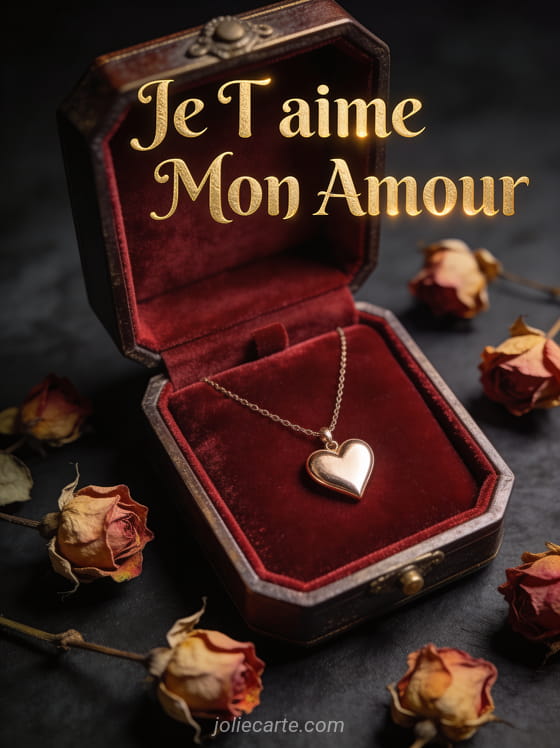 Boîte à bijoux vintage ouverte avec collier cœur sur velours rouge et roses séchées avec texte Je T'aime Mon Amour