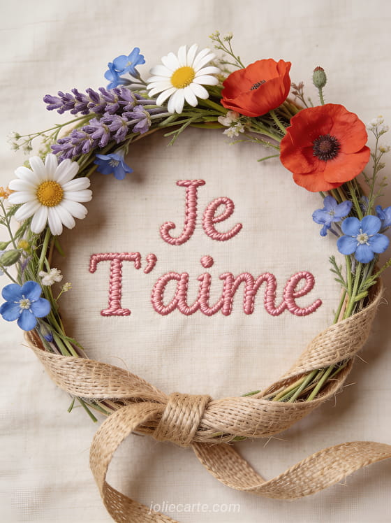 Couronne de fleurs sauvages colorées sur fond de lin avec marguerites lavande coquelicots et texte Je T'aime brodé