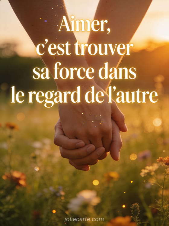 Bougies flottantes dorées sur un étang avec nénuphars roses au crépuscule avec citation L'amour ne se voit pas avec les yeux