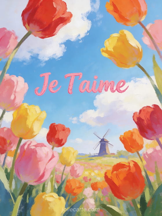 Champ de tulipes rouges roses jaunes et oranges sous un ciel bleu avec moulin au loin et texte Je T'aime