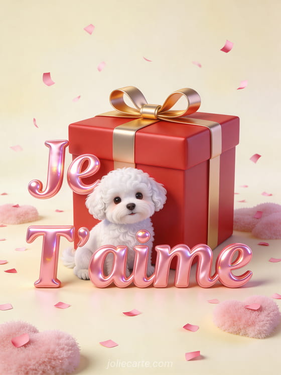 Chiot bichon frisé blanc à côté d'une boîte cadeau rouge avec nœud doré et confettis roses avec texte Je T'aime