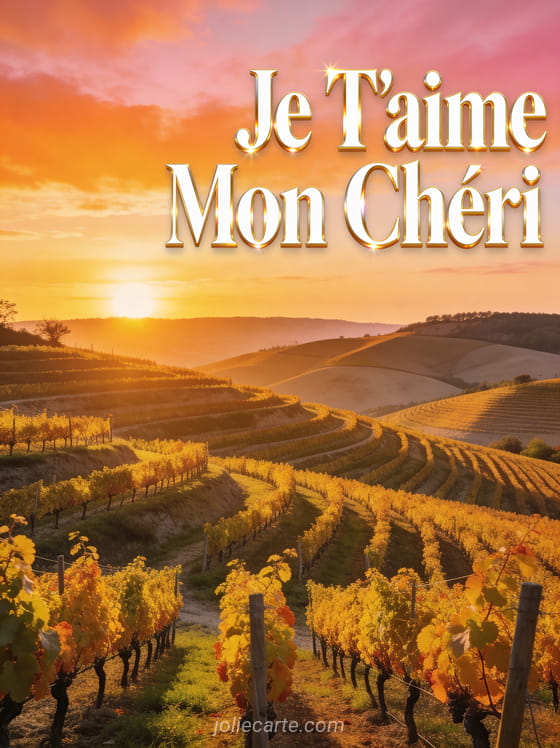 Vignoble en terrasses au soleil couchant avec collines dorées et ciel orange avec texte Je T'aime Mon Chéri