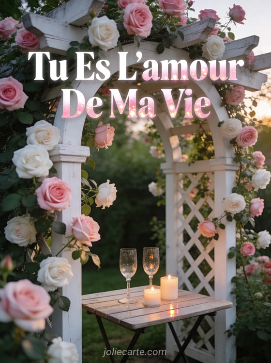 Tonnelle en bois blanc avec roses grimpantes et petite table avec bougies et texte Tu Es L'amour De Ma Vie