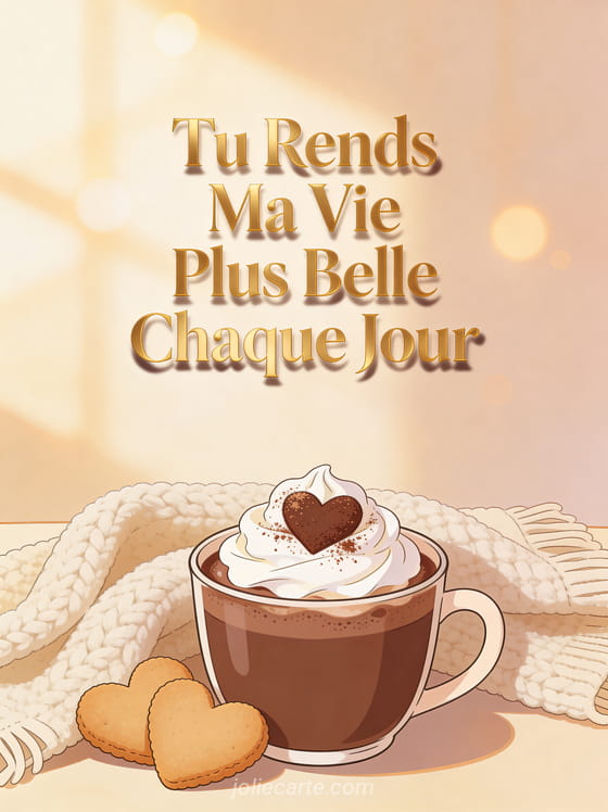 Tasse de chocolat chaud avec cœur en cacao et biscuits cœur sur plaid en laine avec texte Tu Rends Ma Vie Plus Belle