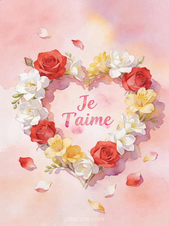 Cœur de fleurs avec roses rouges gardénias blancs et freesias jaunes en aquarelle avec texte Je T'aime