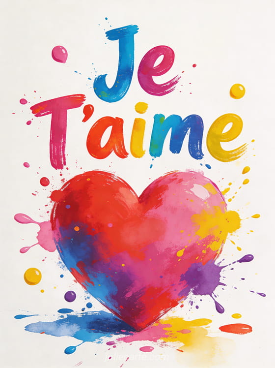 Cœur géant en éclaboussures de peinture colorée rouge rose bleu jaune et violet sur fond blanc avec texte Je T'aime