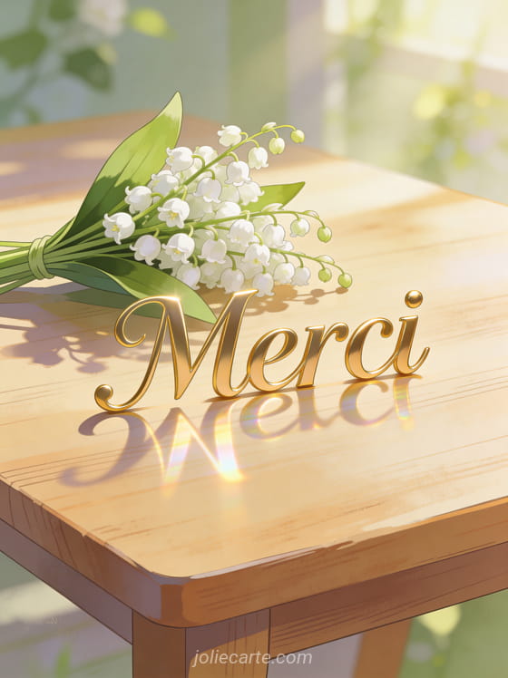 Bouquet de muguet aux clochettes blanches posé sur une table en bois clair avec le texte Merci en lettres dorées