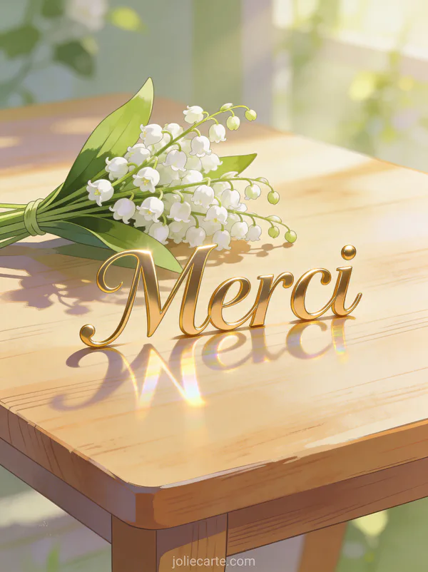 Bouquet de muguet aux clochettes blanches posé sur une table en bois clair avec le texte Merci en lettres dorées