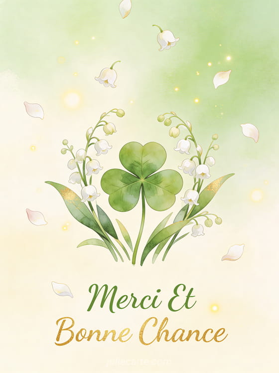 Illustration aquarelle d'un trèfle à quatre feuilles entouré de brins de muguet avec le texte Merci Et Bonne Chance