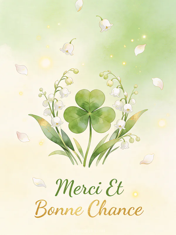Illustration aquarelle d'un trèfle à quatre feuilles entouré de brins de muguet avec le texte Merci Et Bonne Chance