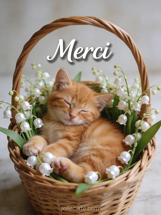 Chaton roux endormi dans un panier en osier rempli de brins de muguet blanc avec le texte Merci