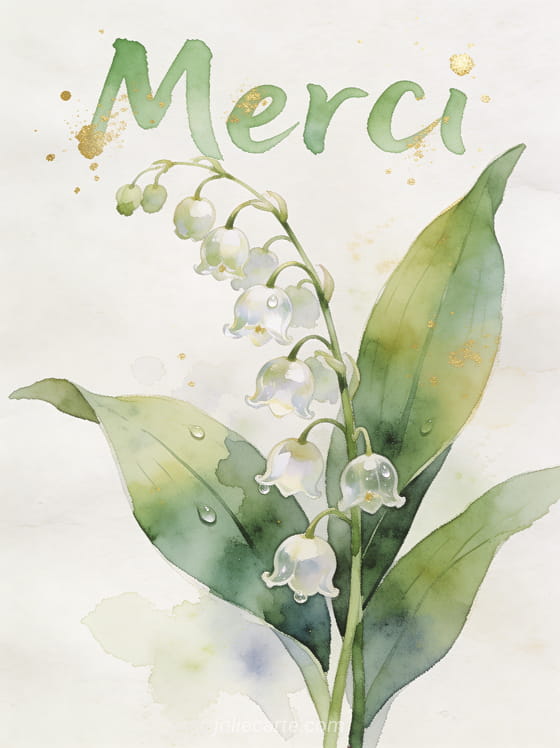 Dessin aquarelle délicat de brins de muguet aux clochettes translucides avec le texte Merci en vert tendre