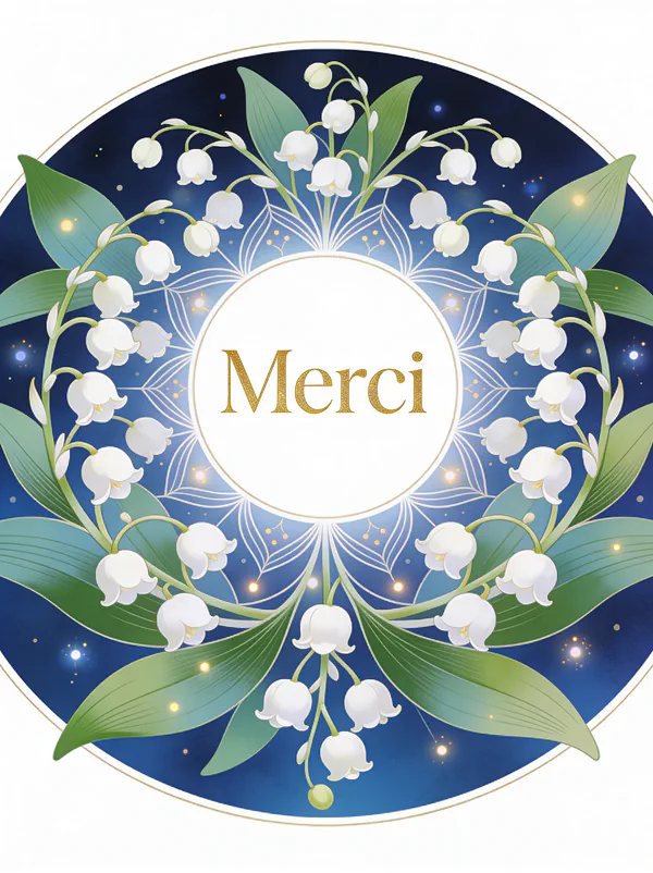 Mandala circulaire composé de brins de muguet stylisés et clochettes blanches sur fond bleu nuit avec le texte Merci