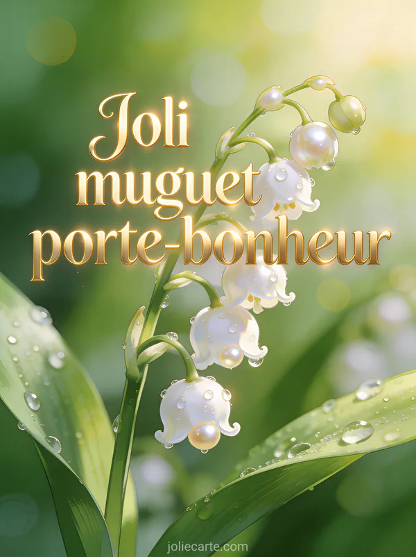 Brin de muguet aux clochettes blanches nacrées avec gouttelettes de rosée sur fond vert tendre printanier