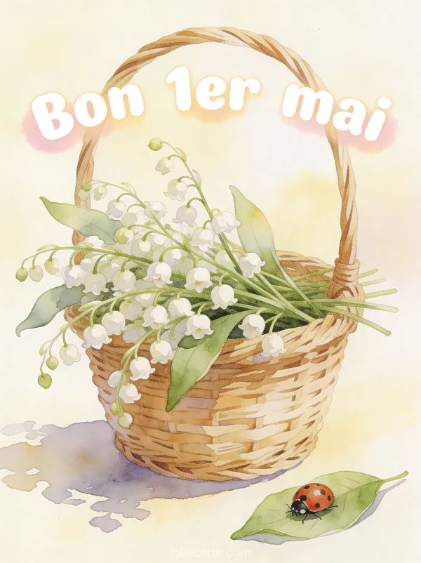 Illustration aquarelle d'un panier en osier rempli de brins de muguet avec une coccinelle et le texte Bon 1er mai