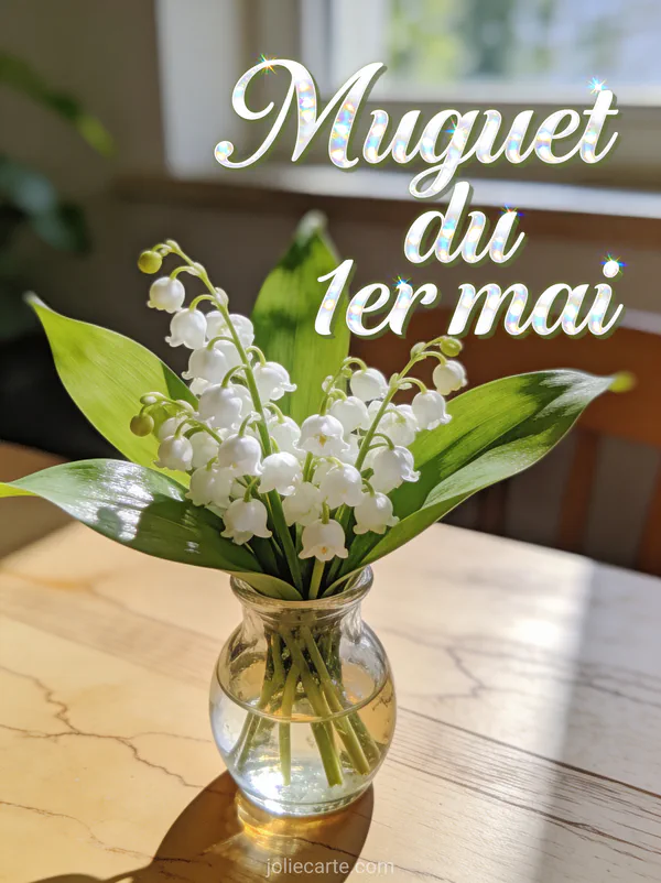 Bouquet de muguet frais dans un petit vase en verre sur une table en bois clair avec lumière naturelle printanière