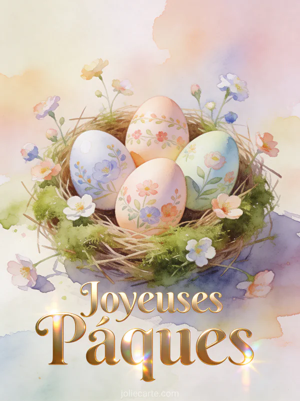 Œufs de Pâques décorés de motifs floraux posés dans un nid de mousse et de fleurs printanières avec le texte Joyeuses Pâques