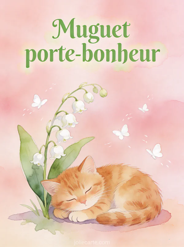 Illustration d'un chaton roux endormi à côté d'un brin de muguet avec des papillons blancs sur fond pastel rosé