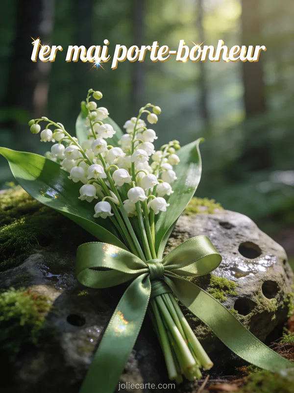 Brins de muguet noués par un ruban vert satin posés sur une pierre moussue en forêt avec lumière matinale