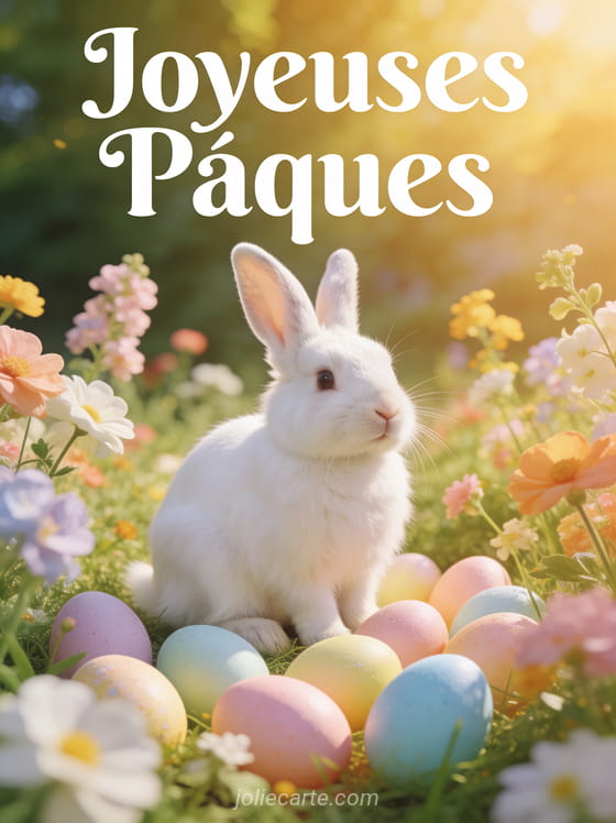 Adorable lapin blanc au pelage soyeux assis dans un pré fleuri parmi des œufs colorés avec le texte Joyeuses Pâques