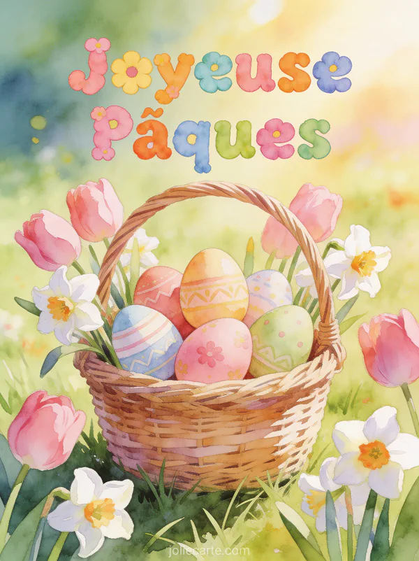 Panier d'osier débordant d'œufs de Pâques peints à la main entouré de tulipes et narcisses avec le texte Joyeuse Pâques