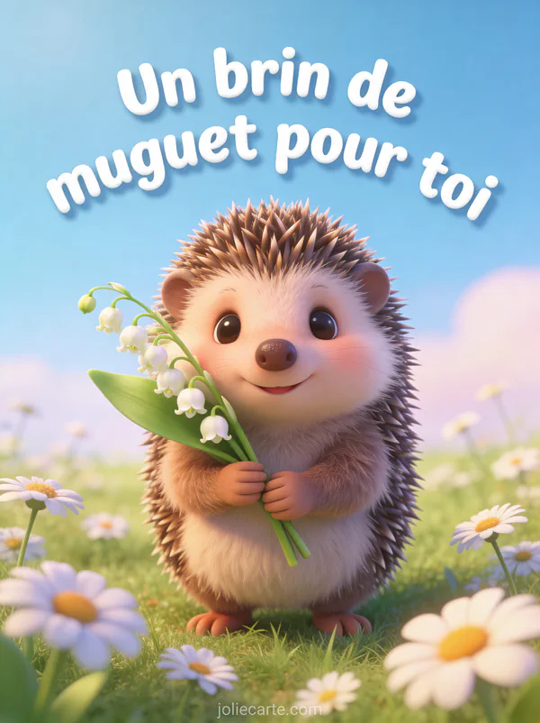 Illustration 3D d'un petit hérisson mignon tenant un brin de muguet dans une prairie fleurie de pâquerettes