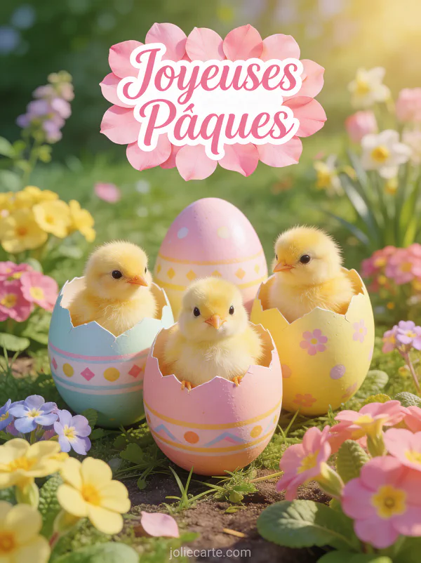 Trois petits poussins duveteux sortant de coquilles d'œufs colorés dans un jardin fleuri avec le texte Joyeuses Pâques