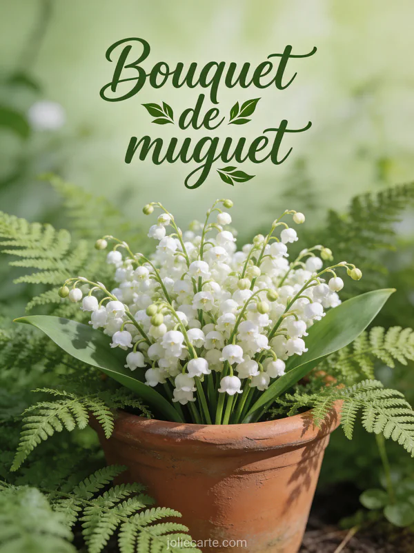 Bouquet de muguet dans un pot en terre cuite entouré de fougères avec lumière naturelle de jardin