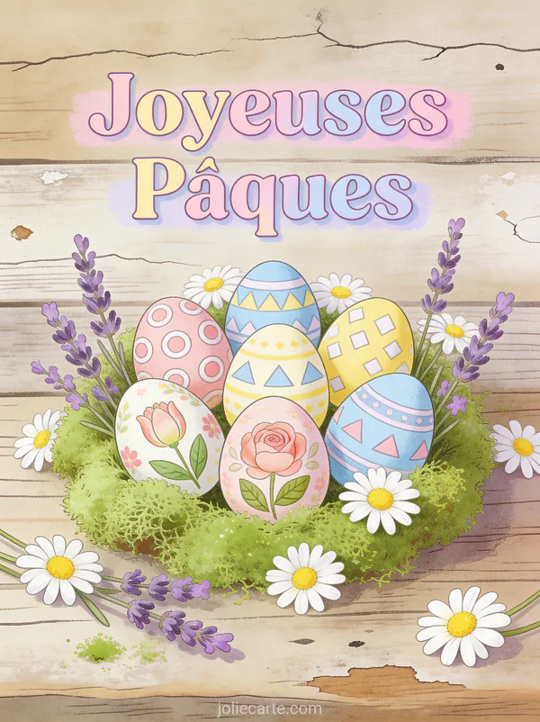 Collection d'œufs de Pâques peints de motifs floraux disposés dans de la mousse verte avec lavande et marguerites sur fond bois