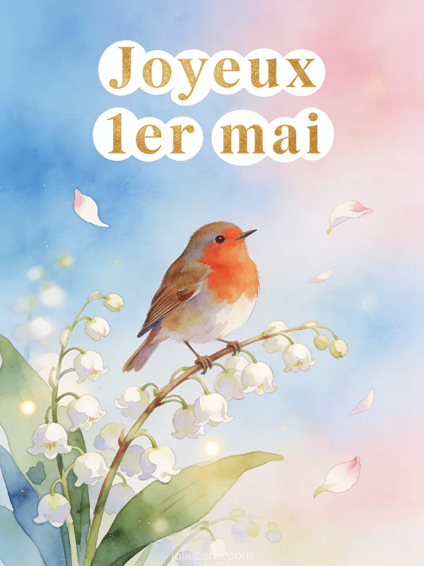 Illustration aquarelle d'un rouge-gorge posé sur une branche de muguet en fleurs avec pétales au vent