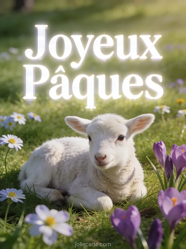 Petit agneau blanc couché dans l'herbe verte parsemée de pâquerettes et de crocus mauves avec le texte Joyeux Pâques