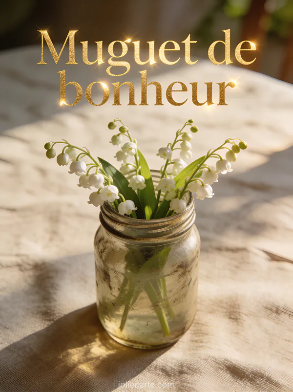 Brins de muguet dans un bocal mason jar vintage sur nappe en lin avec lumière chaude de fin d'après-midi