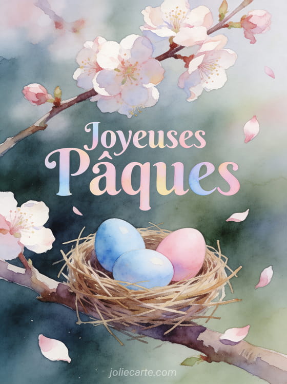 Nid d'oiseau contenant trois œufs pastel posé sur une branche de cerisier en fleurs avec pétales tombant et le texte Joyeuses Pâques