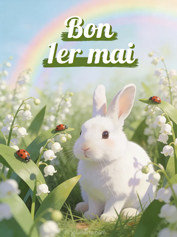Illustration d'un lapin blanc assis dans un champ de muguet avec coccinelles et arc-en-ciel discret