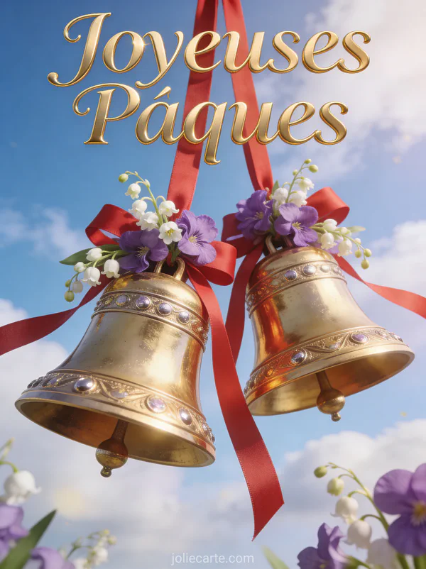 Deux grandes cloches de Pâques dorées suspendues à des rubans rouges décorées de muguet et violettes sous un ciel bleu