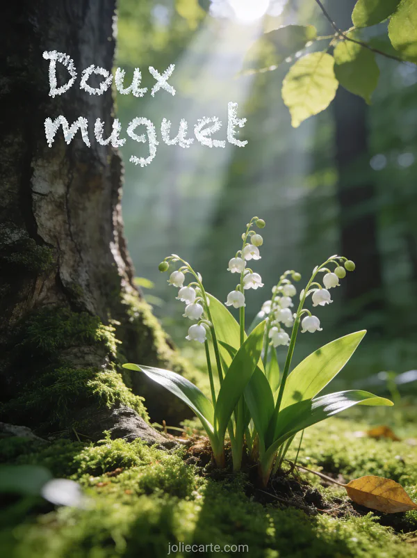 Muguet sauvage au pied d'un arbre en forêt avec mousse verte et rayons de soleil filtrant entre les feuilles