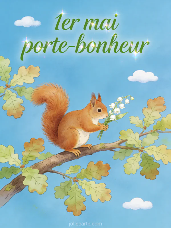 Illustration d'un écureuil roux sur une branche offrant un brin de muguet avec feuilles de chêne printanières