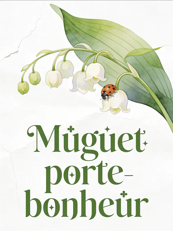 Dessin aquarelle d'un brin de muguet stylisé avec coccinelle sur une clochette et fond blanc cassé texturé