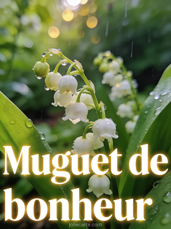 Macro photo de muguet en pleine floraison dans un jardin avec gouttelettes de pluie et bokeh doré