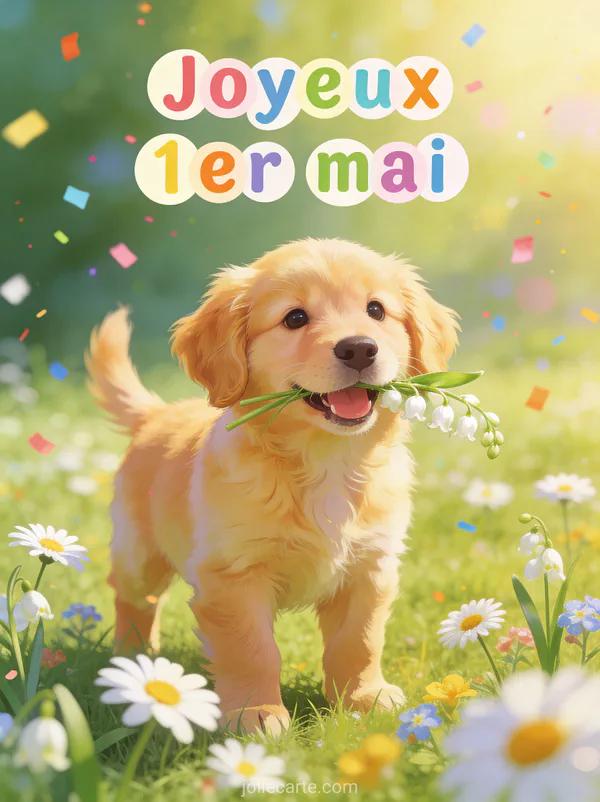 Illustration d'un petit golden retriever avec un brin de muguet dans la gueule dans une prairie ensoleillée