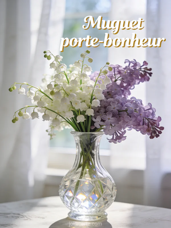 Bouquet de muguet et de lilas dans une carafe en cristal avec reflets de lumière devant une fenêtre